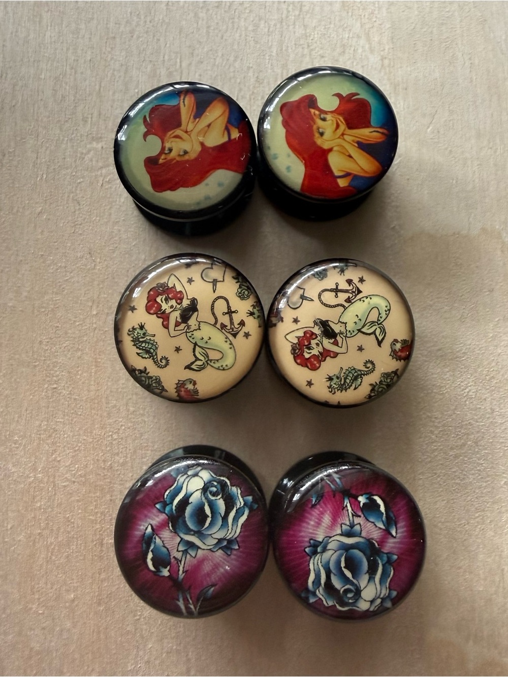 Set of 3 Decorative Plug Earrings with Mermaid & Rose Art size 00g